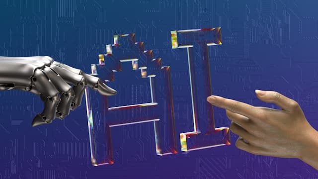 AIの文字を挟んでロボットの手と人の手が向き合う様子